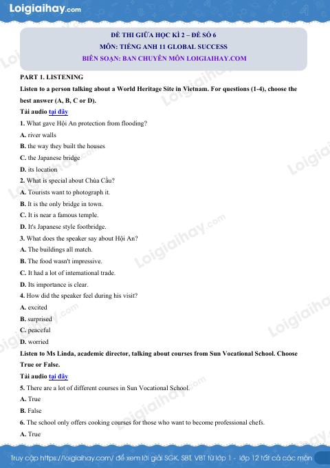 Đề thi giữa kì 2 Tiếng Anh 11 Global Success - Đề số 6